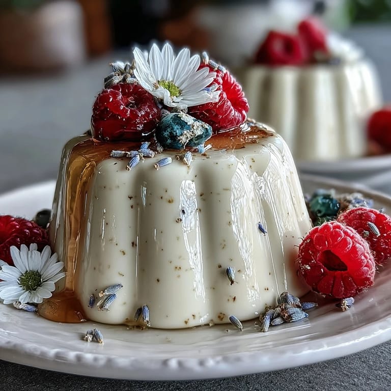 Delicate lavender honey panna cotta, creamy and smooth, garnished with berries and a light honey drizzle.