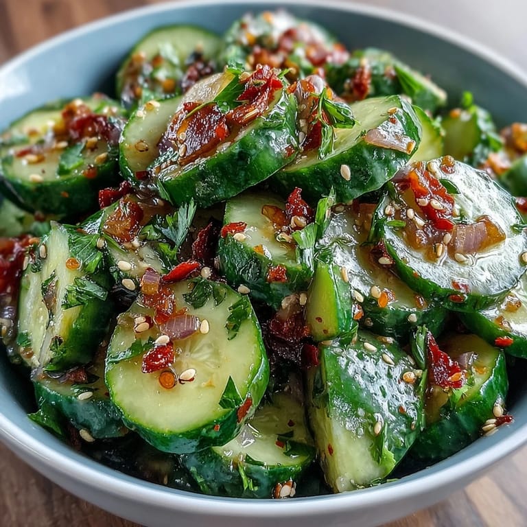 Crunchy smashed cucumbers tossed in tangy dressing, finished with golden garlic chili oil and fresh scallions.