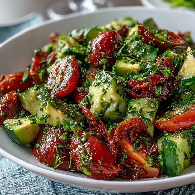 Creamy avocado and crisp cucumber combine in a colorful tomato salad with zesty lemon dressing for a light meal.  