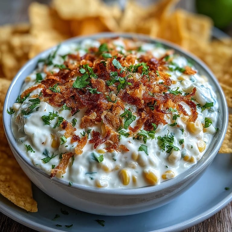 Vibrant Mexican elote dip featuring smoky paprika, lime, and fresh cilantro, perfect for scooping with golden tortilla chips.