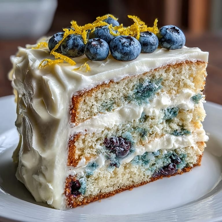 Moist layer cake bursting with juicy blueberries and bright lemon flavor, topped with creamy lemon cream cheese frosting.  