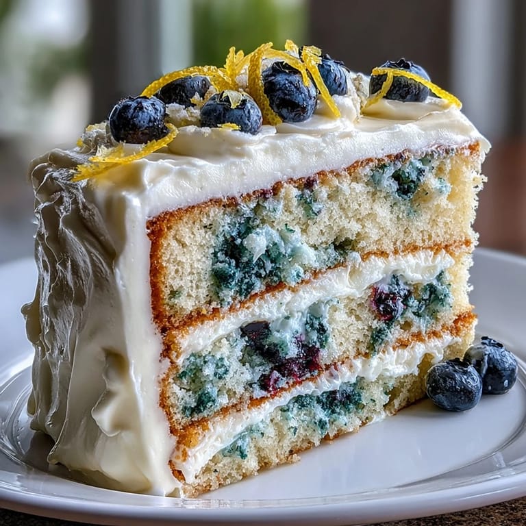 Beautifully decorated birthday cake with lemon zest curls, edible flowers, and fresh blueberries on luscious cream cheese frosting.