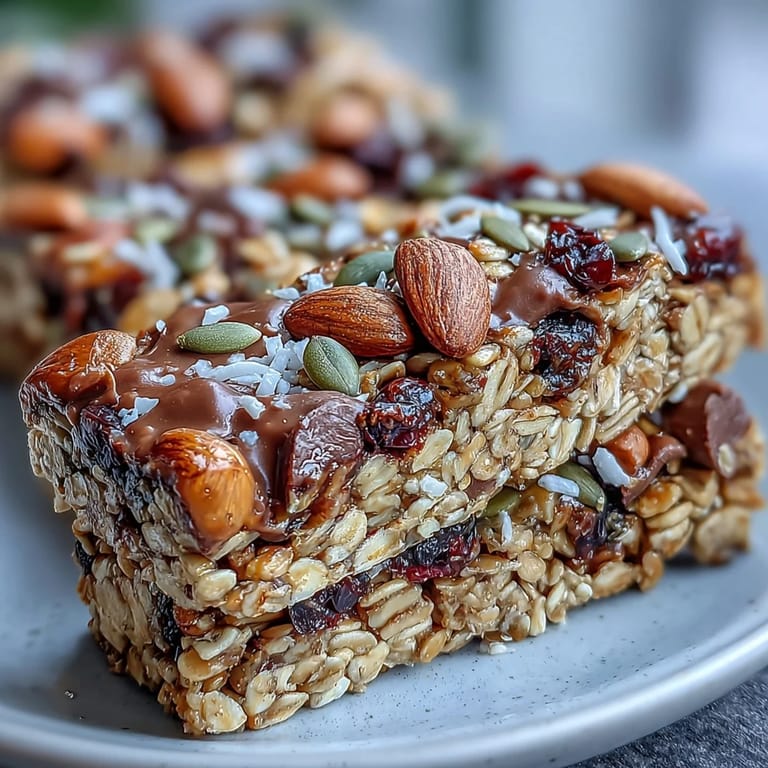 Chewy oat-based granola bars made without nuts, packed with pumpkin seeds, dried fruit, and a hint of cinnamon for warm flavor.