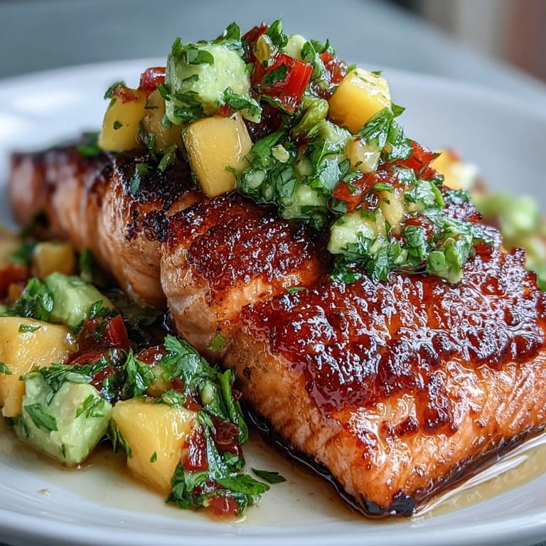 Juicy baked salmon paired with zesty mango avocado salsa, bursting with fresh tropical flavors.  