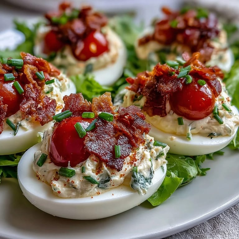 A close-up of BLT Deviled Eggs with smoky bacon bits, tangy filling, and vibrant lettuce garnish for a party platter.
