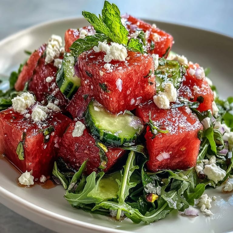 Fresh Watermelon and Arugula Salad featuring peppery greens, sweet watermelon, and tangy lime vinaigrette—an ideal side dish for warm-weather gatherings.