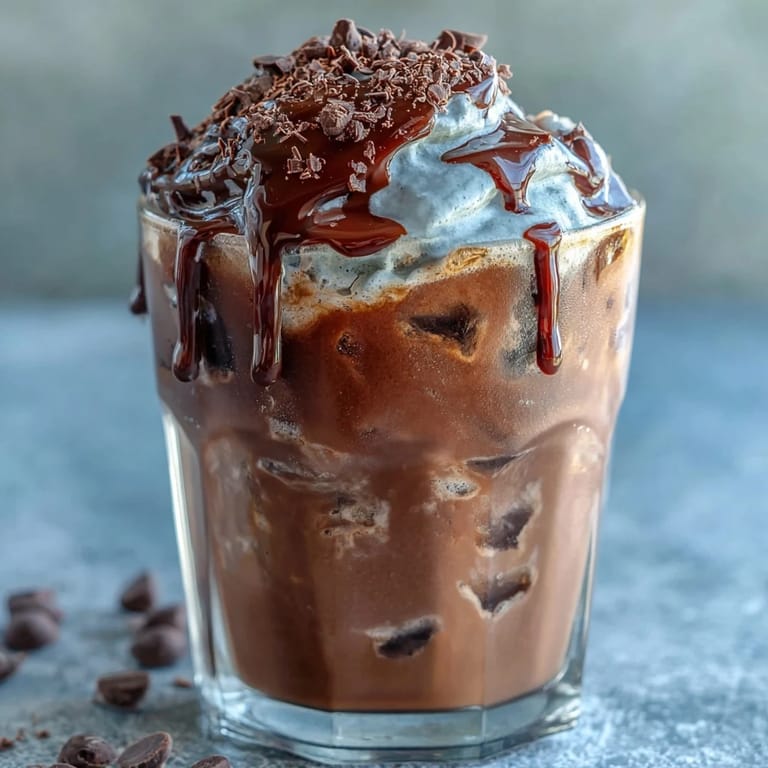 Decadent cold brew coffee topped with whipped chocolate cream, perfect for an indulgent coffee break.