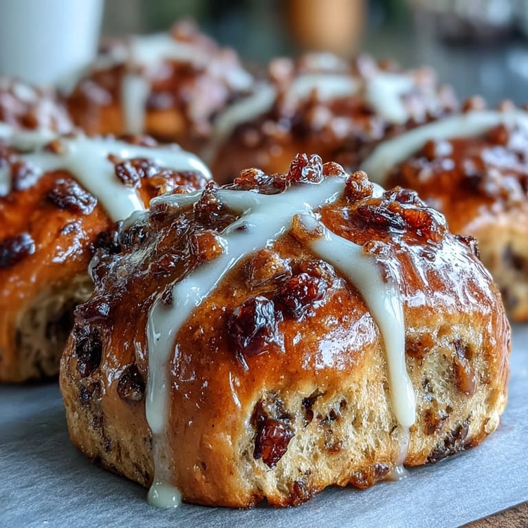 Fluffy hot cross buns with orange glaze and currants, arranged on a tray for a festive holiday breakfast.