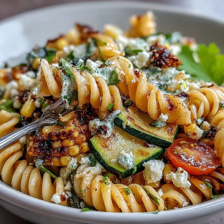 Colorful summer pasta salad, piled high with fresh corn and crumbled Cotija.