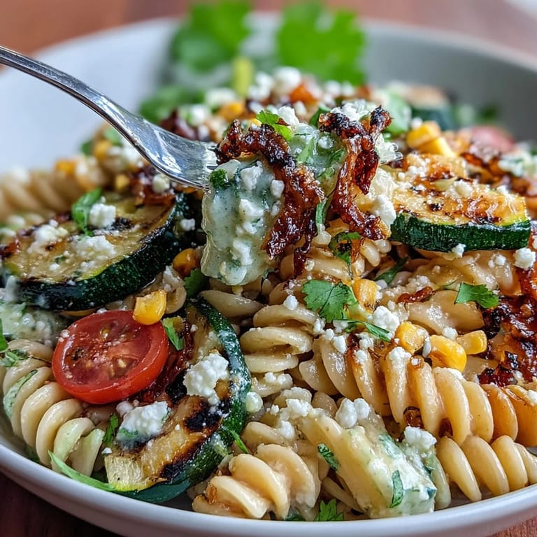 Smoky grilled zucchini and sweet corn pasta salad, bright from lime dressing.