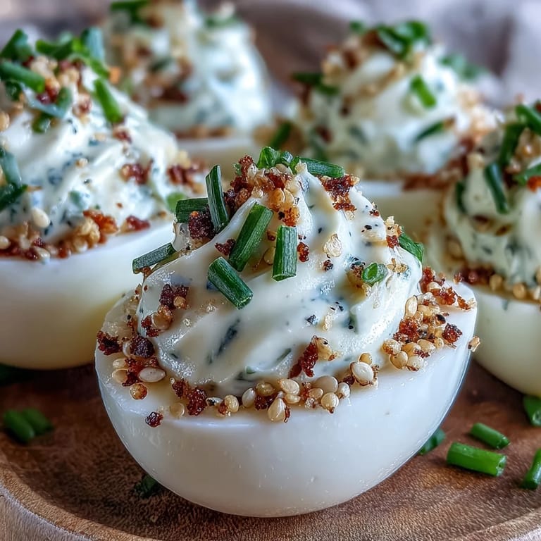 Creamy Everything Bagel Deviled Eggs, expertly piped and ready for serving.