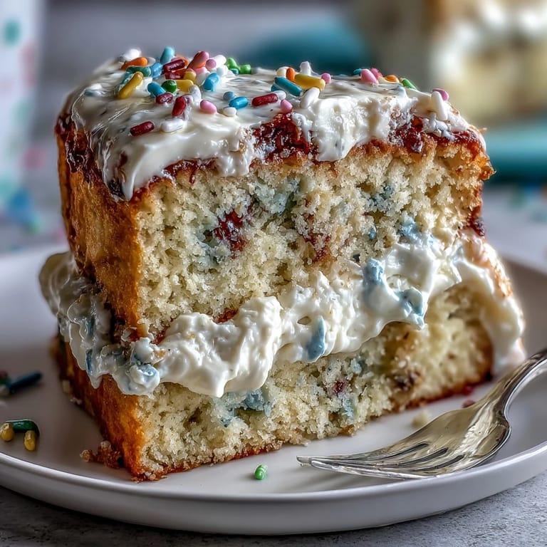 A slice of this Spring Birthday Party Funfetti Dip Cake, creamy and sweet.