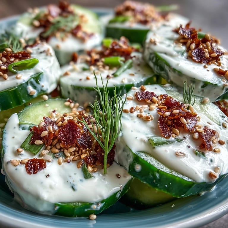 Refreshing cucumber salad, bright lemon, savory everything bagel crunch topping.