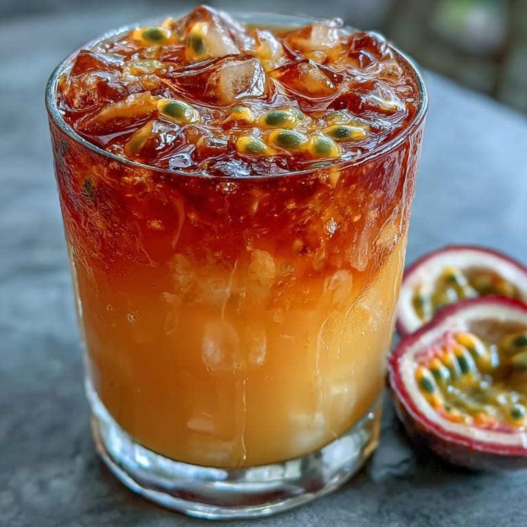 Passionfruit orange mocktail ready to be garnished with fresh fruit slices.