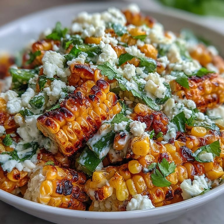 Charred corn salad, a delightful Mexican Street Corn dish, ready to serve.