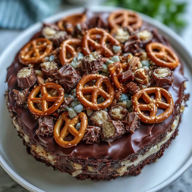 Moist Father's Day Chocolate Peanut Butter Pretzel Cake, decadent with creamy filling.