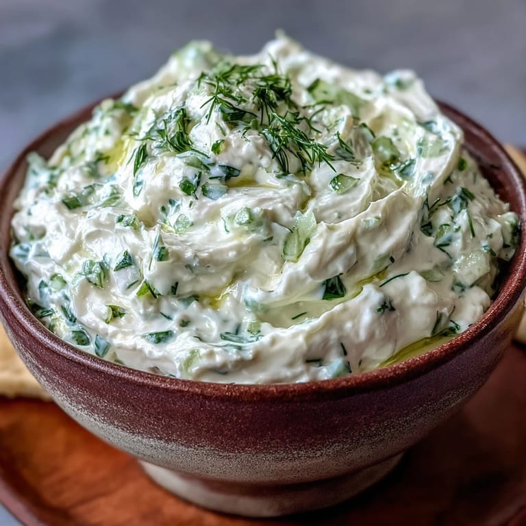 Bright Skyr Tzatziki Dip, cool and refreshing with dill, ideal for dipping.