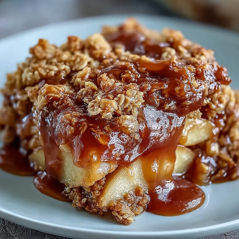 Close-up of bubbling Father's Day Whiskey Caramel Apple Crisp, aromatic and inviting.