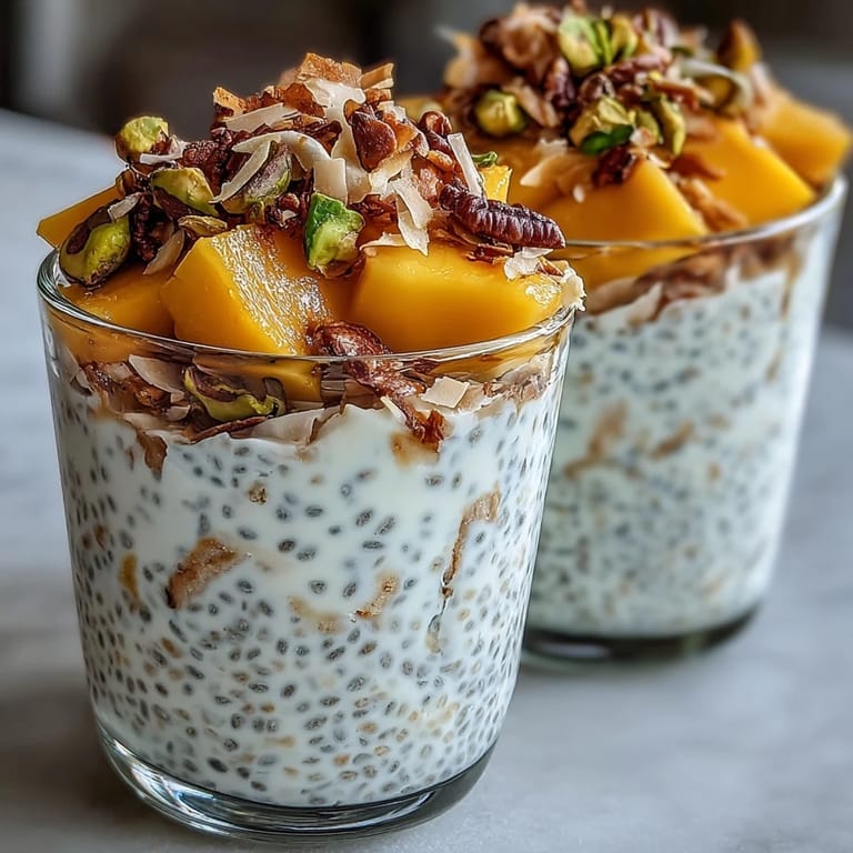 Velvety protein chia pudding topped with sweet mango chunks and garnishes.