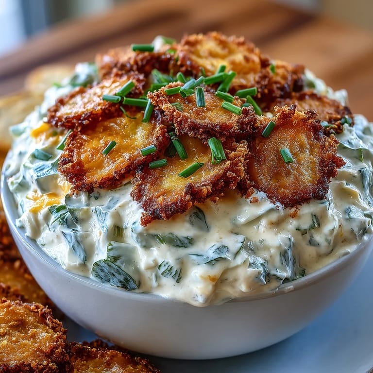 A delightful appetizer: rich fried pickle dip topped with crunchy pickle garnishes.