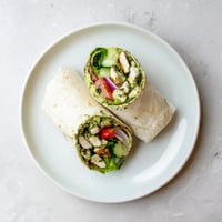 Sliced chimichurri chicken salad wraps filled with crisp greens, avocado, and drizzled with vibrant herbaceous sauce.