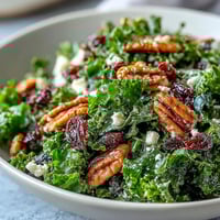 Warm kale salad with maple mustard dressing topped with toasted pecans and sweet dried cranberries.  
