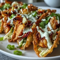 Golden-brown Crispy Chicken Wonton Tacos filled with ginger-marinated chicken and colorful slaw, drizzled with creamy sriracha mayo. 