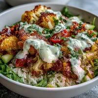 Golden-brown herb-roasted cauliflower florets, freshly roasted and paired with fluffy white rice, vibrant cherry tomatoes, cucumber, and shredded carrots in a bowl.