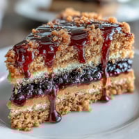 Moist slices of PB and J Cake With Black Currant Sauce are drizzled with glossy purple syrup and served on a dessert plate.