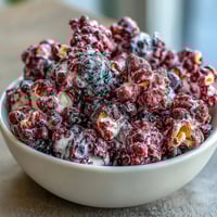 A bowl of crunchy kettle corn with tangy black currant and creamy cheesecake flavors, perfect for a gourmet snack.  