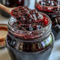 Vibrant homemade black currant jam in a glass jar, with glossy, deep purple berries visible and a rich, spreadable texture.