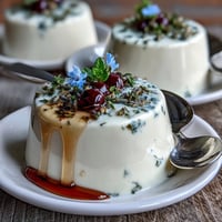 Creamy honey lavender panna cotta in a glass, topped with fresh edible flowers and a honey drizzle.