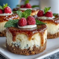 Housewarming Mini Cheesecakes with a crisp cookie crust, arranged on a tiered dessert tray for a party spread.
