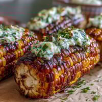 BBQ corn in foil with herb butter, golden kernels grilled to perfection and glistening with melted herb butter.