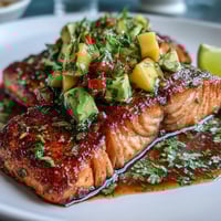 Baked salmon fillet topped with vibrant mango avocado salsa, a colorful and healthy summer dinner.  