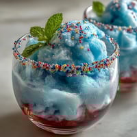 Whimsical Cotton Candy Lemonade Float with vanilla ice cream, cotton candy clouds, and fresh lemon garnish in a sprinkle-rimmed glass.