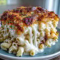 Creamy Mac and Cheese Bake with golden, crunchy topping served hot from the oven in a white baking dish.