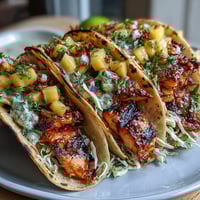 Grilled salmon tacos with mango salsa feature flaky fish topped with zesty tropical fruit and fresh herbs.