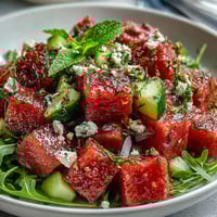 Vibrant Watermelon and Arugula Salad with creamy feta, juicy watermelon, and a zesty lime dressing—perfect for a refreshing summer meal.  