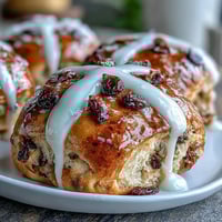 Soft, spiced hot cross buns with orange glaze, currants peeking through, ready for Easter brunch.  