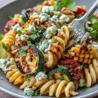 Vibrant pasta salad with grilled zucchini, corn, and salty Cotija cheese.