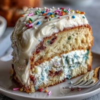 Bright Spring Birthday Party Funfetti Dip Cake bursting with colorful sprinkles.
