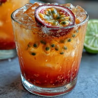 Vibrant tropical sunrise mocktail with passionfruit and orange, layered and refreshing.