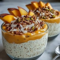 Creamy Skyr Protein Chia Pudding with vibrant mango layered beautifully.