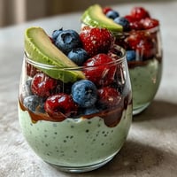 Fiber-Rich Avocado Chia Pudding layered with vibrant berries and crunchy granola.